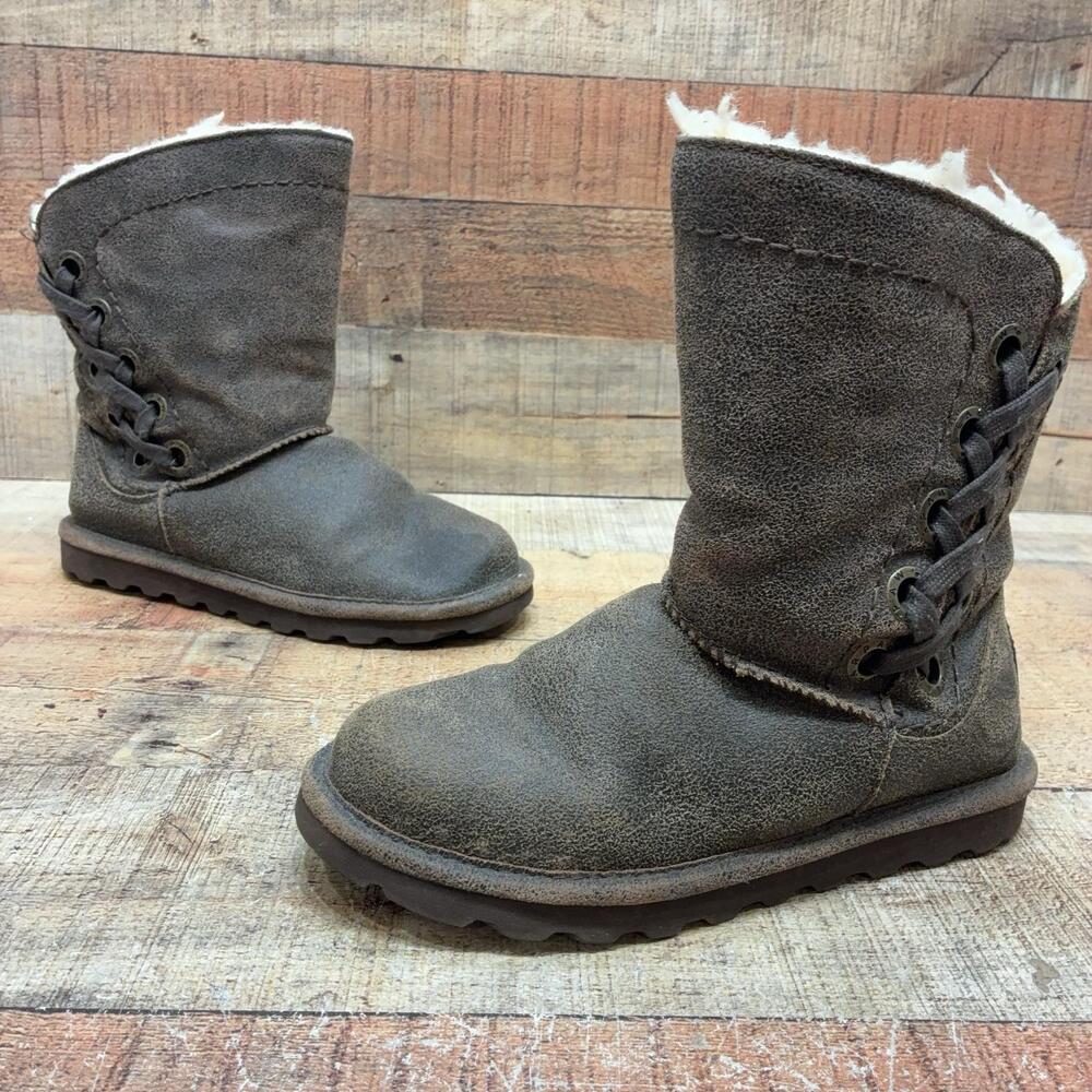 Bearpaw Boots Womens Size 7 38 Brown Suede Shearling Mid Calf Lace Up Winter